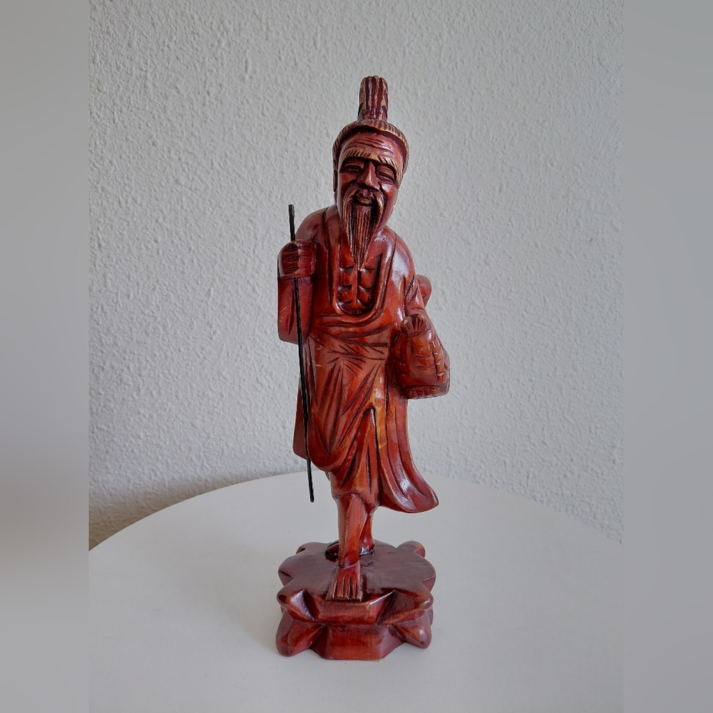Antique MC Chinese Statue Sculpture Rose Wood Hand Carved Fisherman Peasant Old